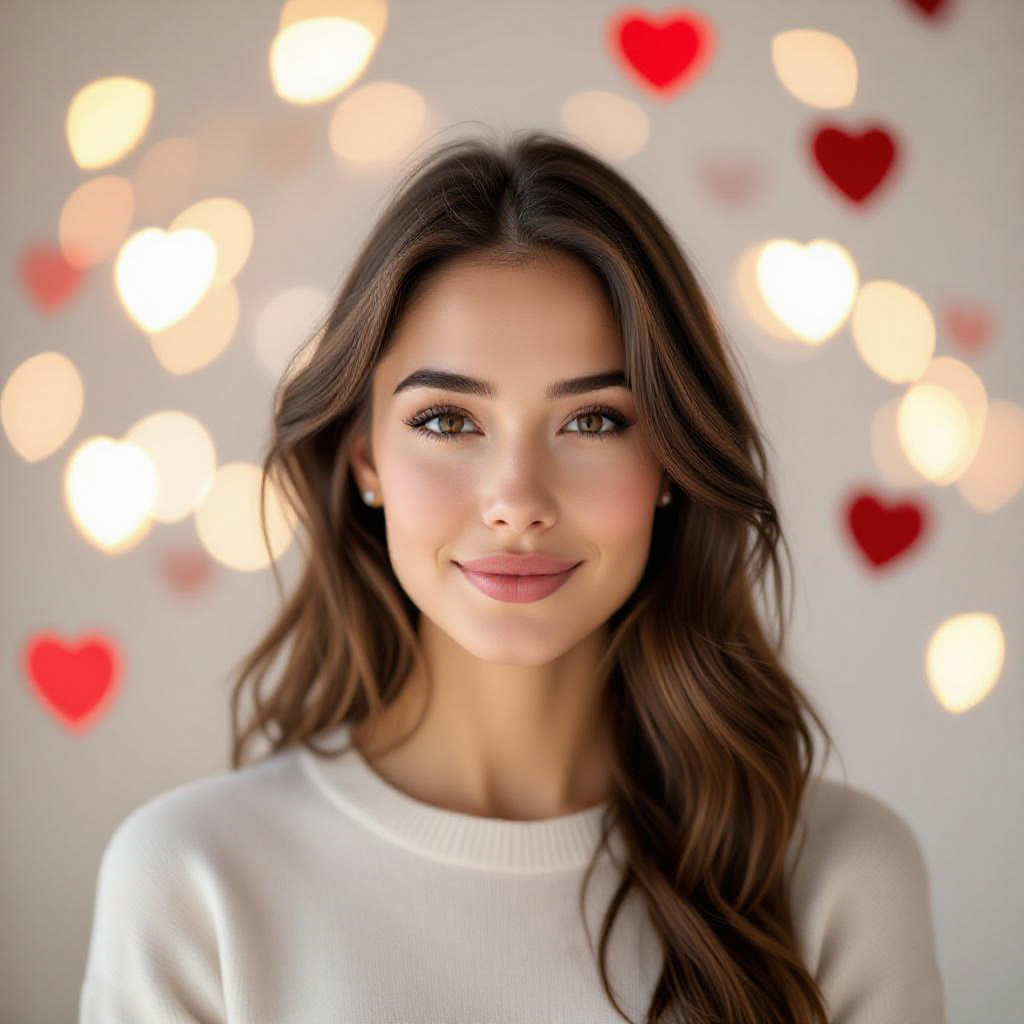 Valentine self-love portrait with soft lighting and subtle heart-shaped bokeh in the background.