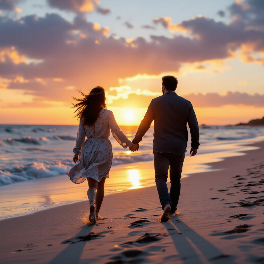 Cinematic frame of a couple running hand-in-hand along the shoreline at sunset
