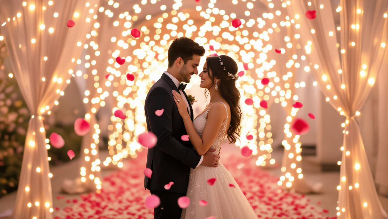 Dreamy couple under fairy lights with floating rose petals.