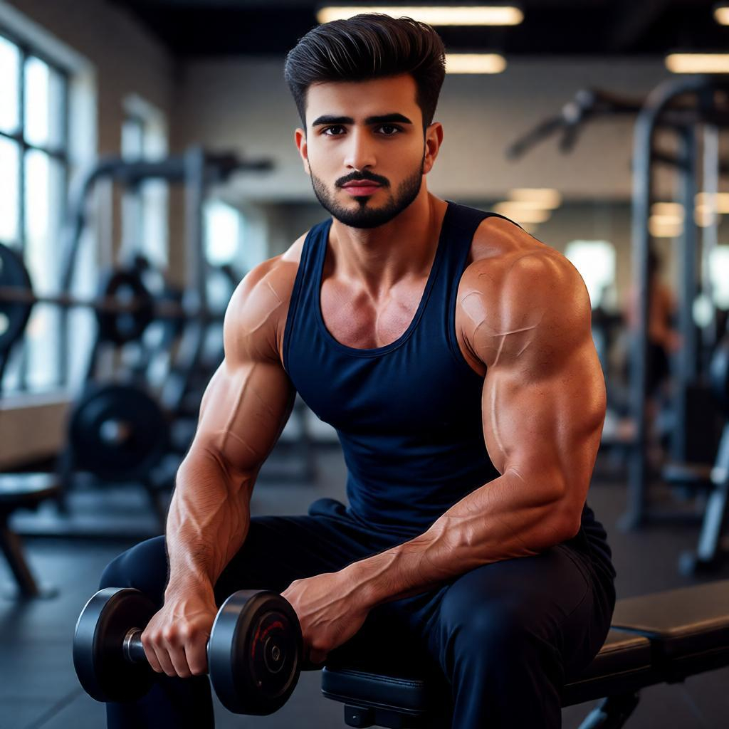 Close-up of arm muscles holding dumbbell.