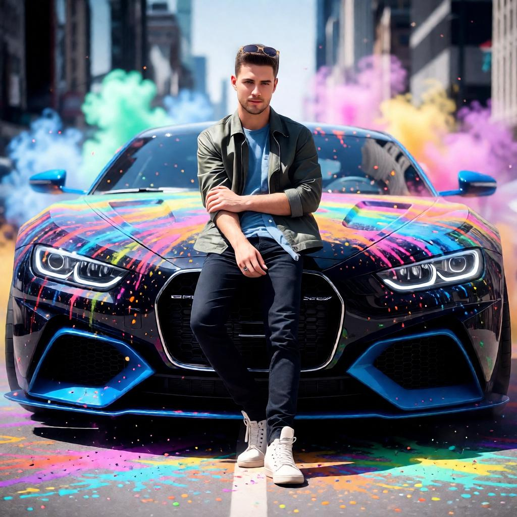 Luxury car covered with soft Holi colors and colorful powder smoke outdoors.
