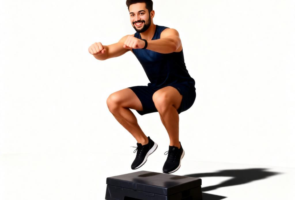 Athlete captured mid-air during a box jump.