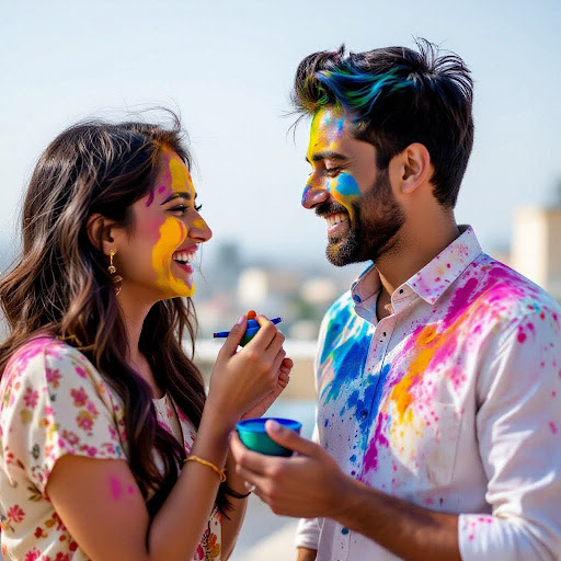 A woman tries to apply Holi color on a man’s cheek.