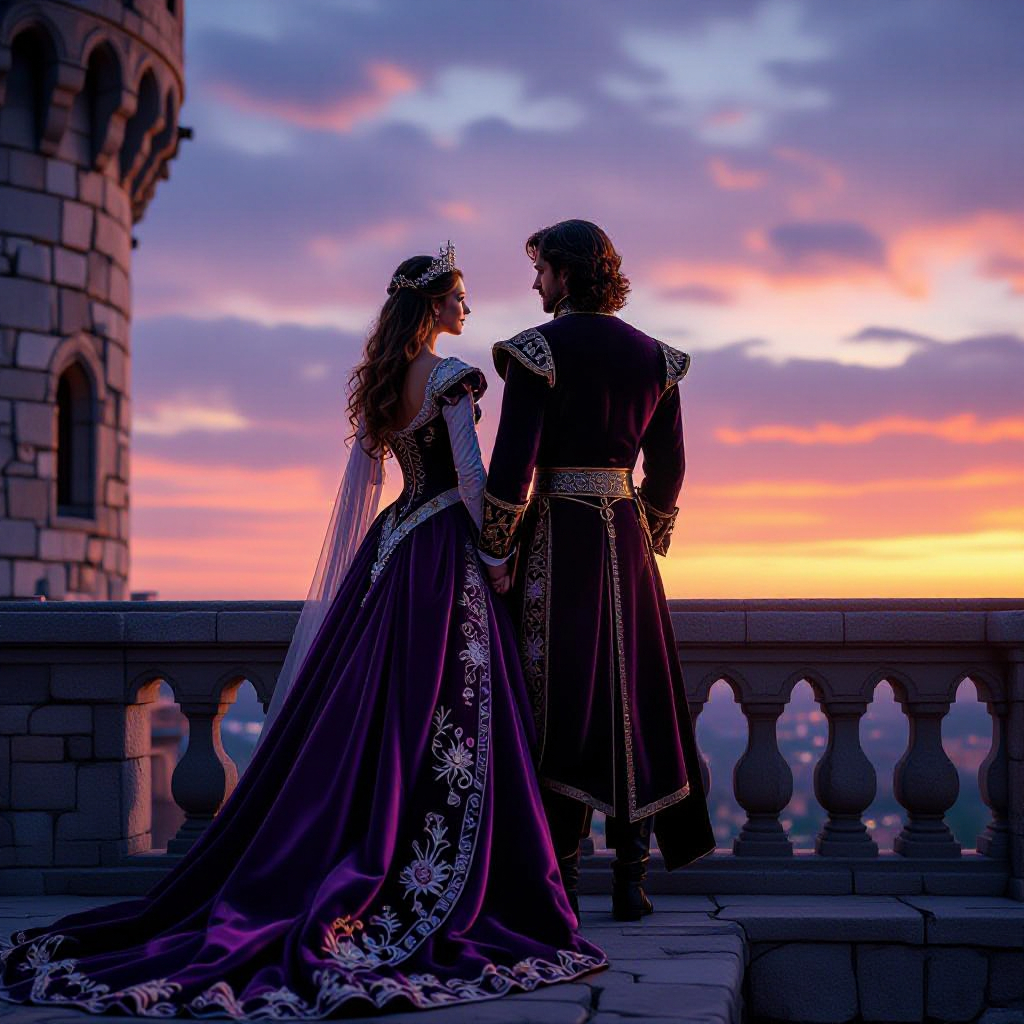 Prince and princess standing on a medieval castle balcony at sunset.