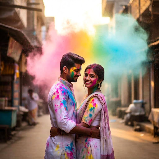Couple posing with a vibrant Holi color burst behind.