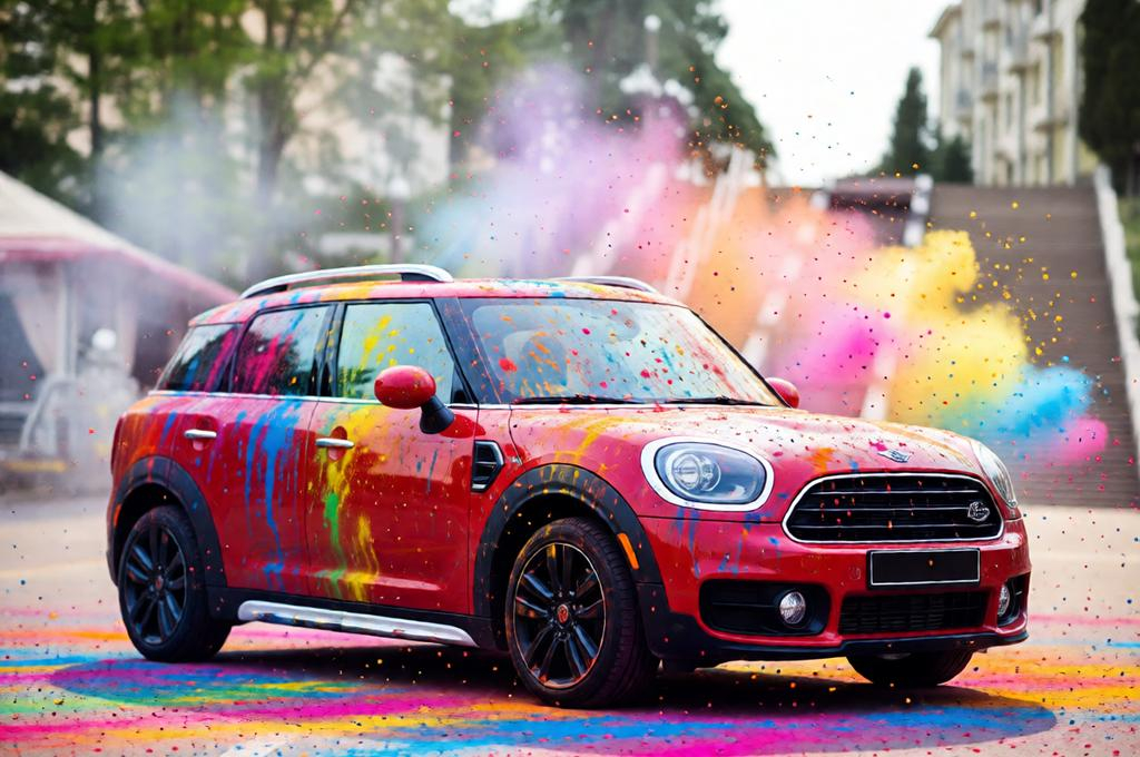 A car covered in colorful Holi powder, parked outdoors with vibrant color smoke surrounding it.