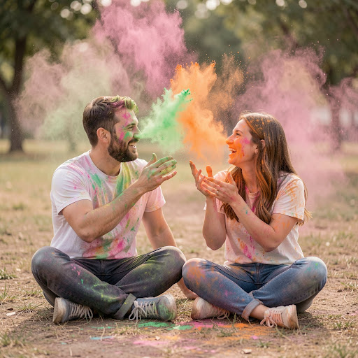A couple playfully throwing colors at each other.