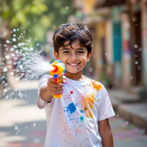 Boy spraying colored water during Holi.