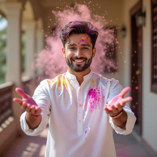 A man throwing pink and yellow Holi colors in a white kurta