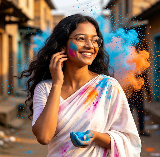 A woman in a white saree with colorful Holi powder burst