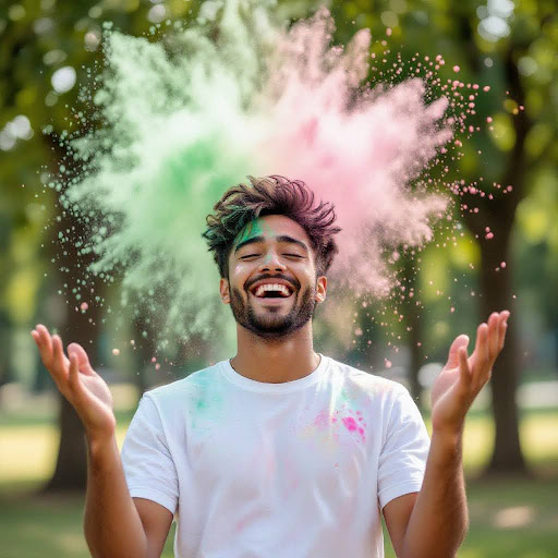 Man laughing while throwing Holi colors in the park