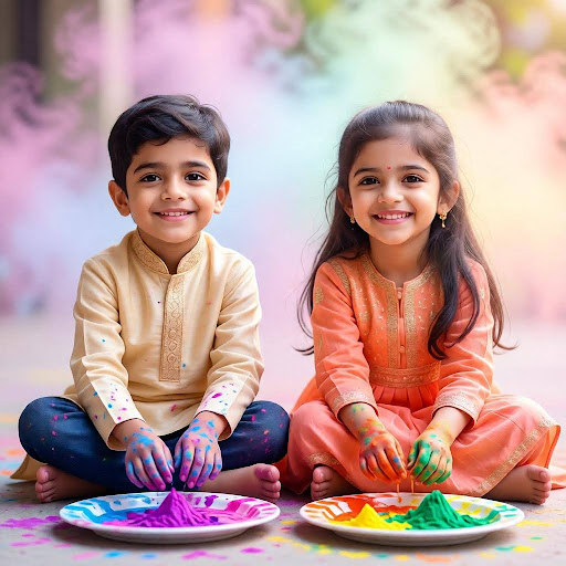 Kids sitting with Holi colors and smiling.