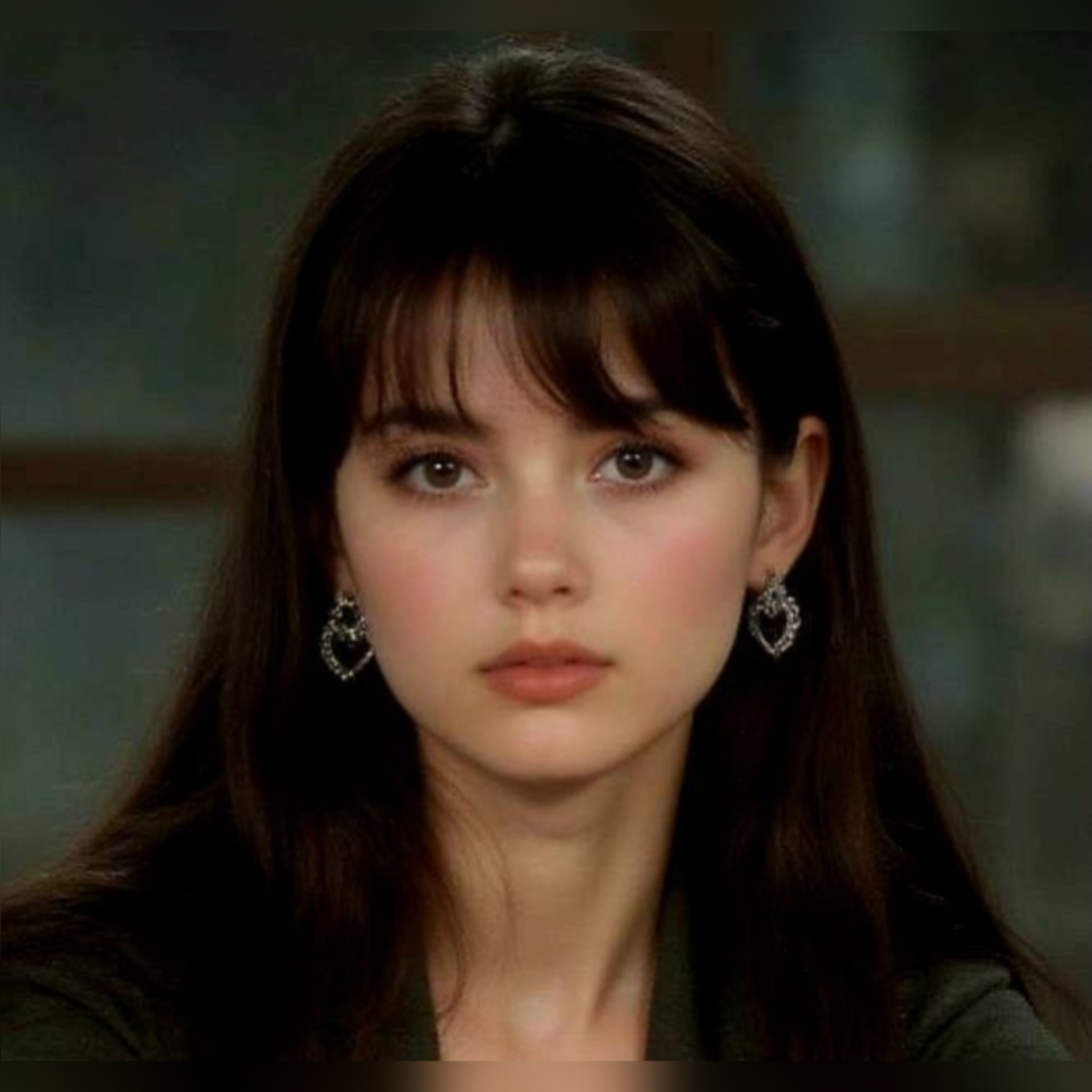 a portrait of a woman with large, beautiful doe eyes.