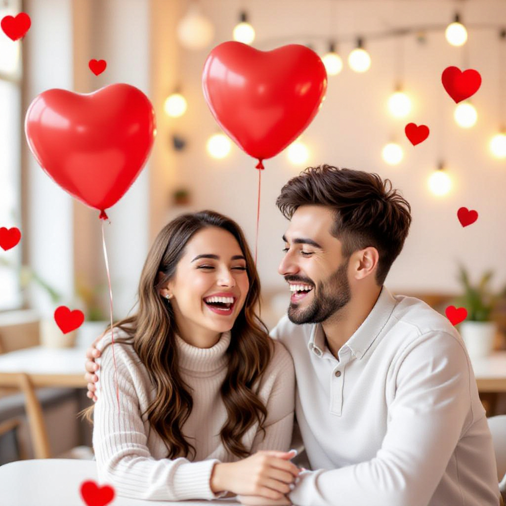 Playful couple laughing together with heart-shaped balloons floating around, bright pastel tones, and joyful Valentine atmosphere.