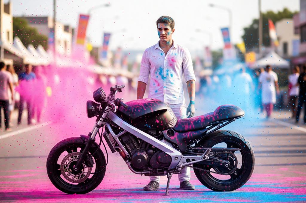 Sports bike with Holi colors exploding around it on a street.