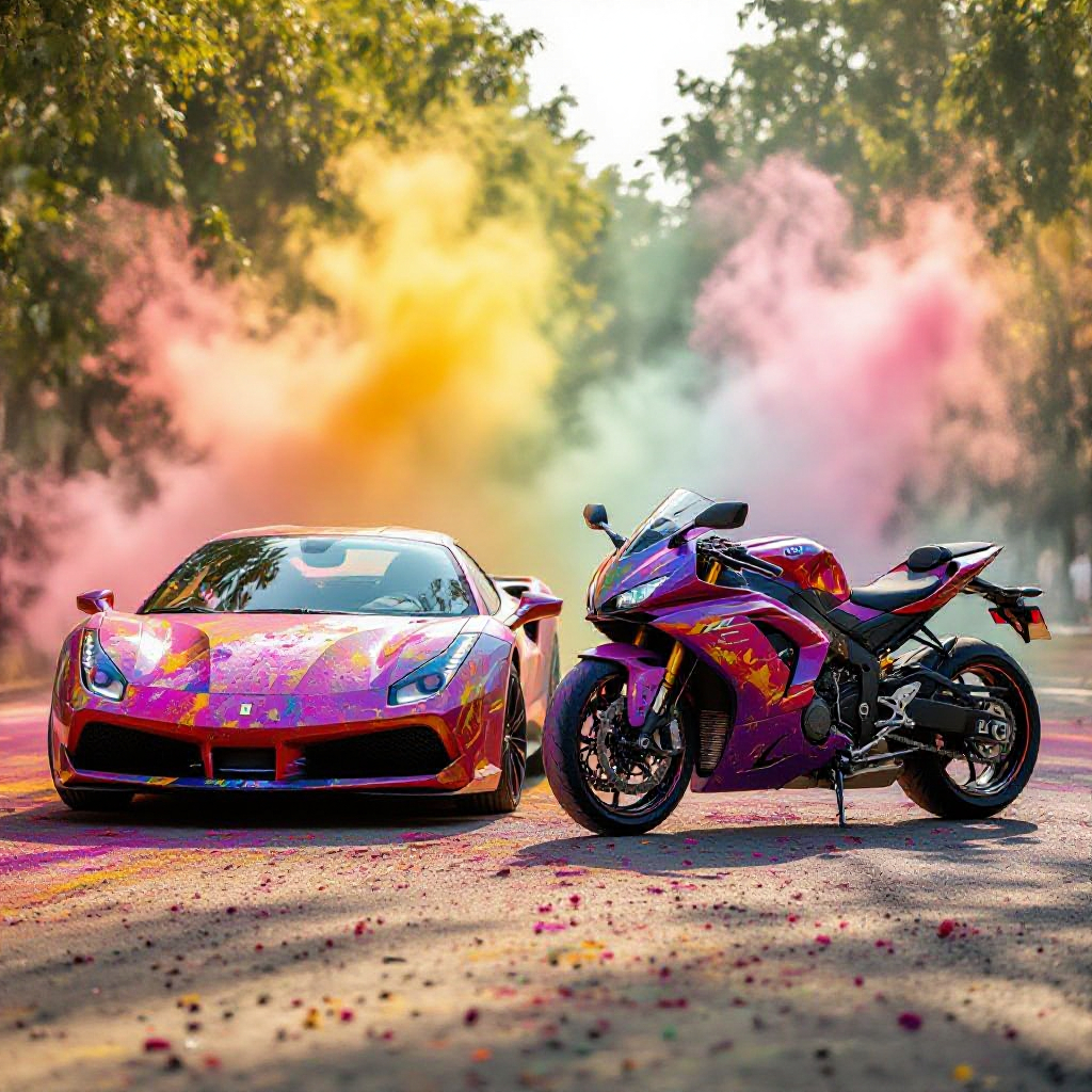 Sports car and bike parked together with vibrant Holi colors and powder smoke around them.
