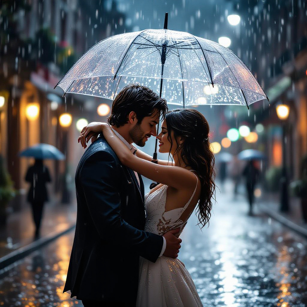 a couple stand together under an umbrella in a rainy season