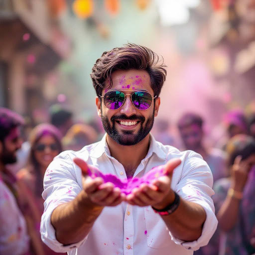 Man throwing purple powder with festive Holi background