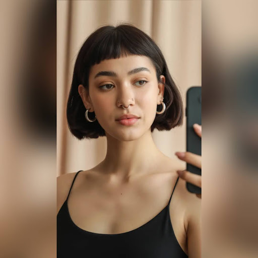 Woman with short micro bangs hairstyle and modern haircut.