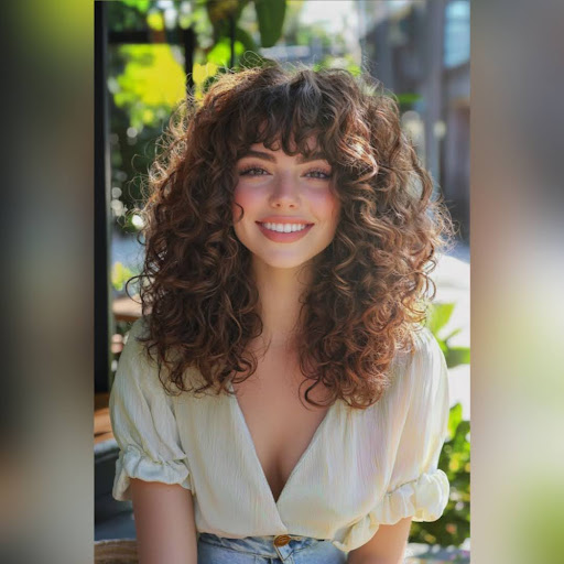 Woman with curly hair and natural curly bangs hairstyle.