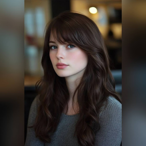 Woman with long side bangs blended into flowing hair.