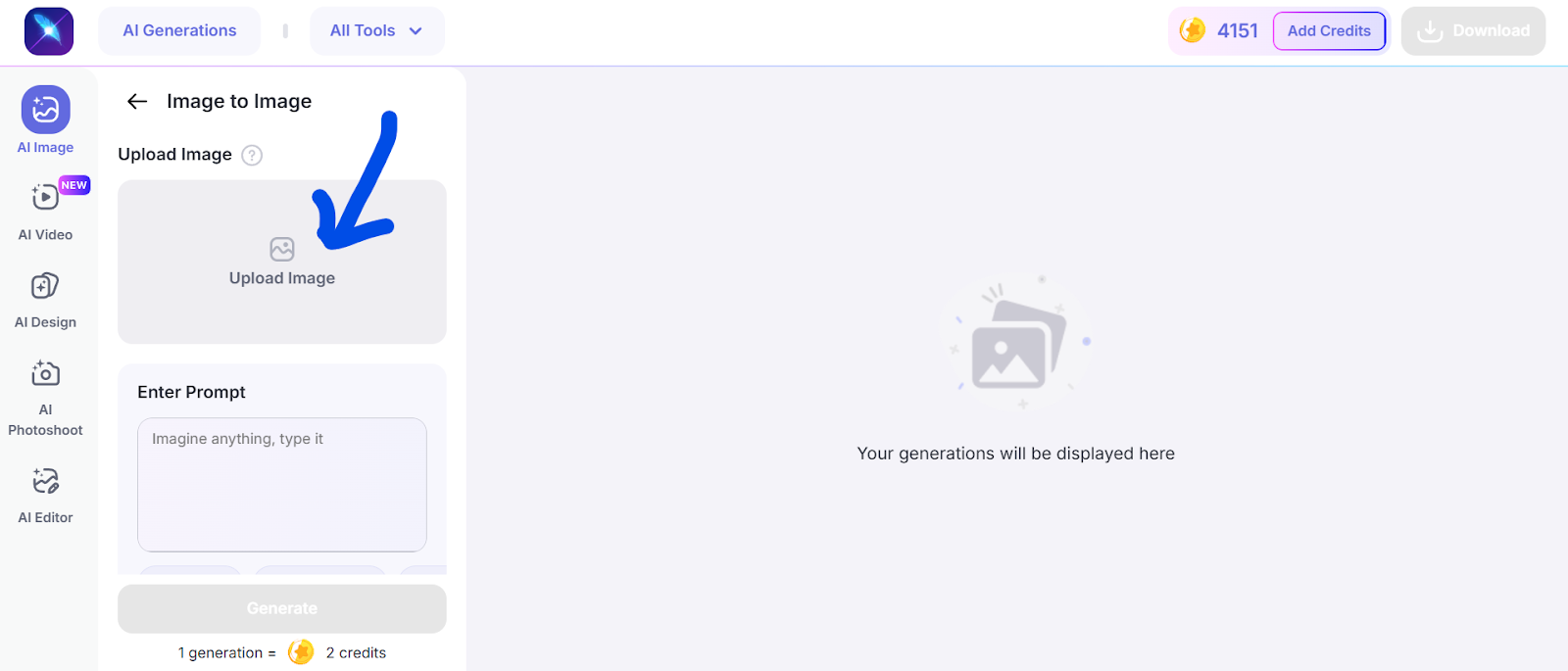 Image-to-image tool interface showing the upload image section.