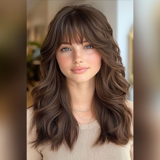 A woman with long, layered hair and soft bangs.