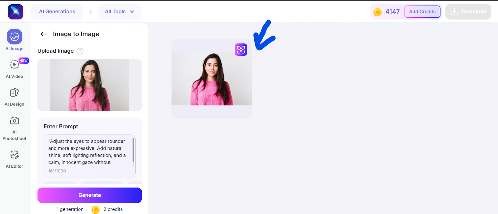 Girl’s image generating with wider eyes on the right side of the website.