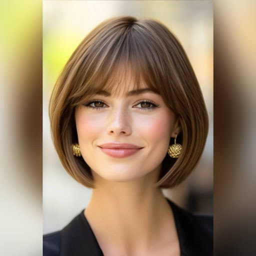A woman with a bob haircut and front bangs hairstyle.
