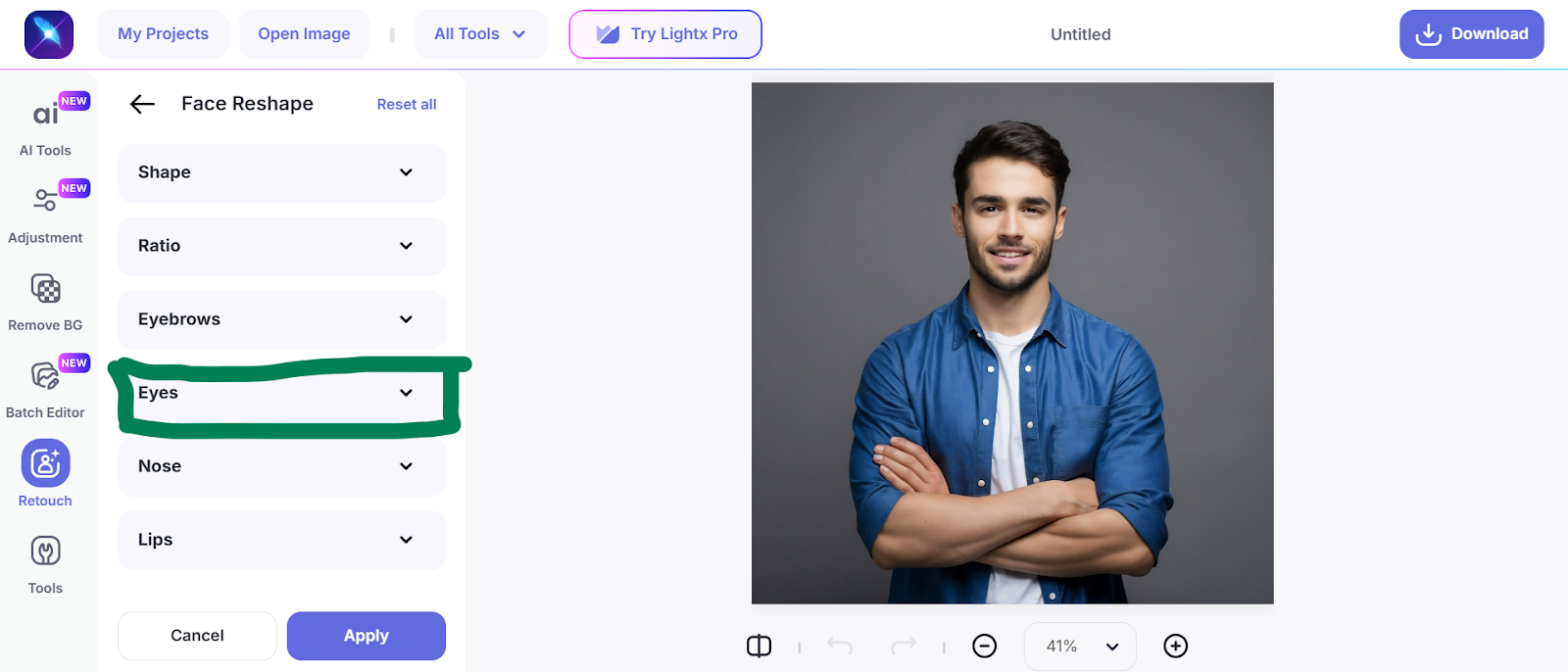 a website view, where the eyes part is highlighted & an image of a man is there.