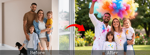 Before & after image of a family without colours & after Holi effect.