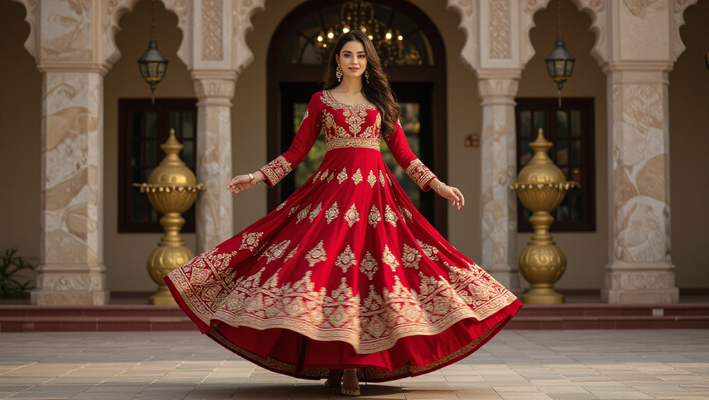 Woman spinning in ruby red embroidered anarkali dress with palace backdrop for Eid Mubarak.
