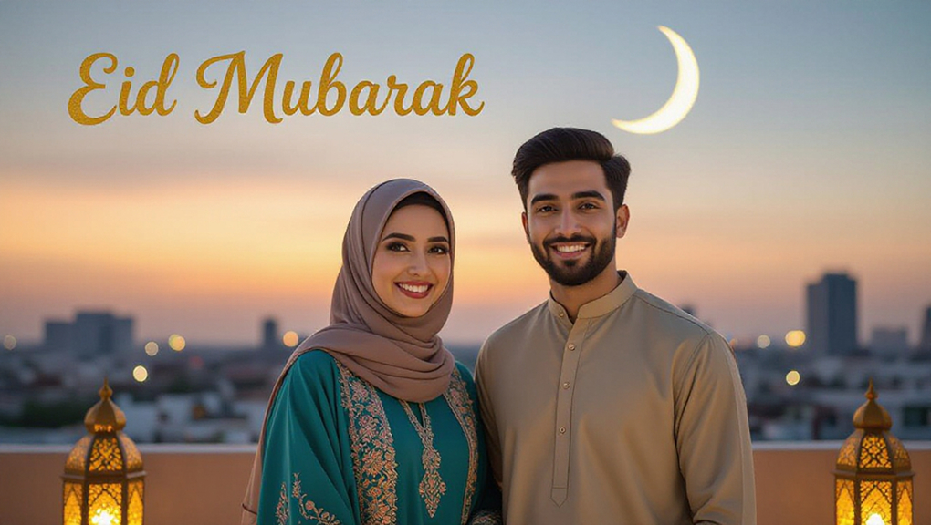 Muslim couple on rooftop spotting crescent moon wearing festive Eid outfits. 