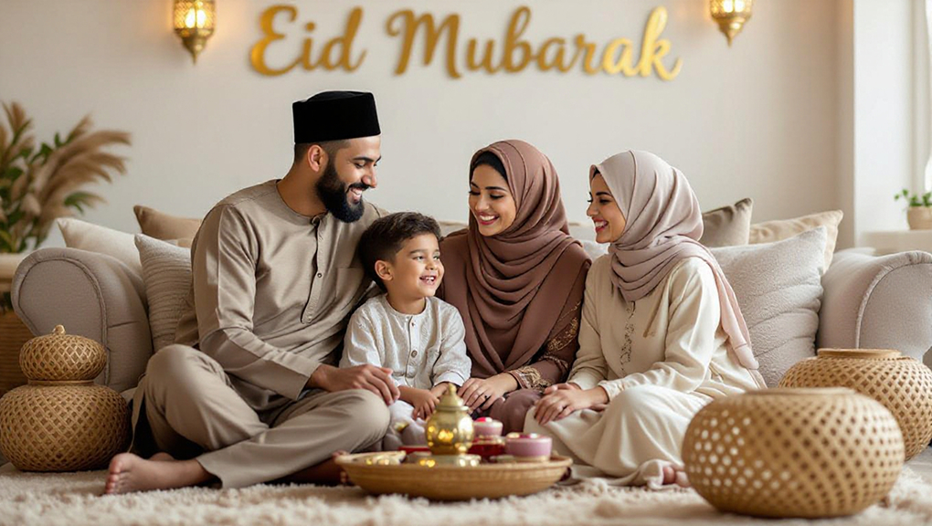Muslim family celebrating Eid together indoors wearing coordinated festive outfits.