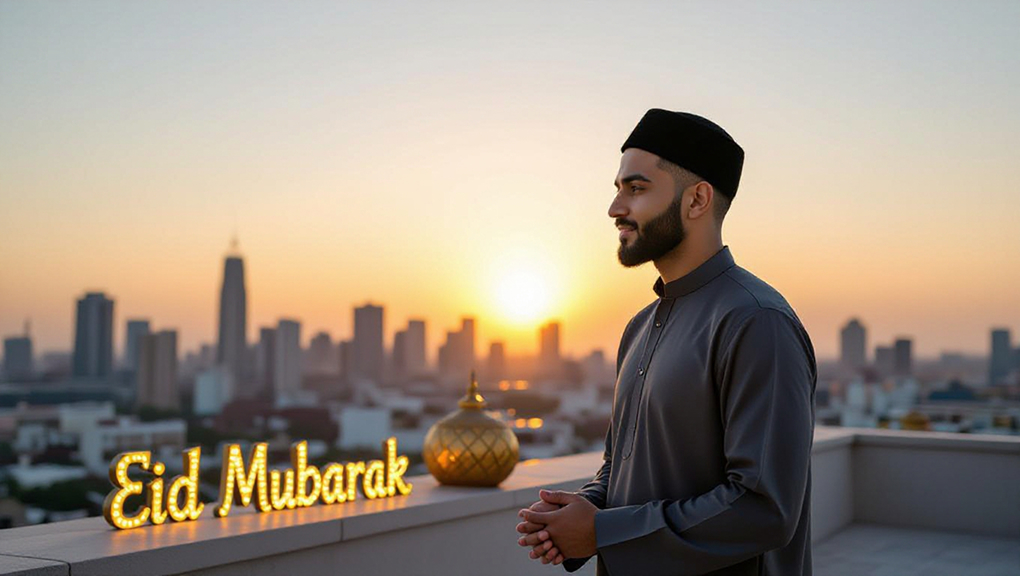 Young Muslim man in charcoal grey kurta on rooftop at sunset with skyline and Eid Mubarak text.