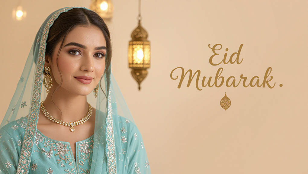 Muslim woman in powder blue salwar suit with net dupatta and lantern Eid Mubarak decor.
