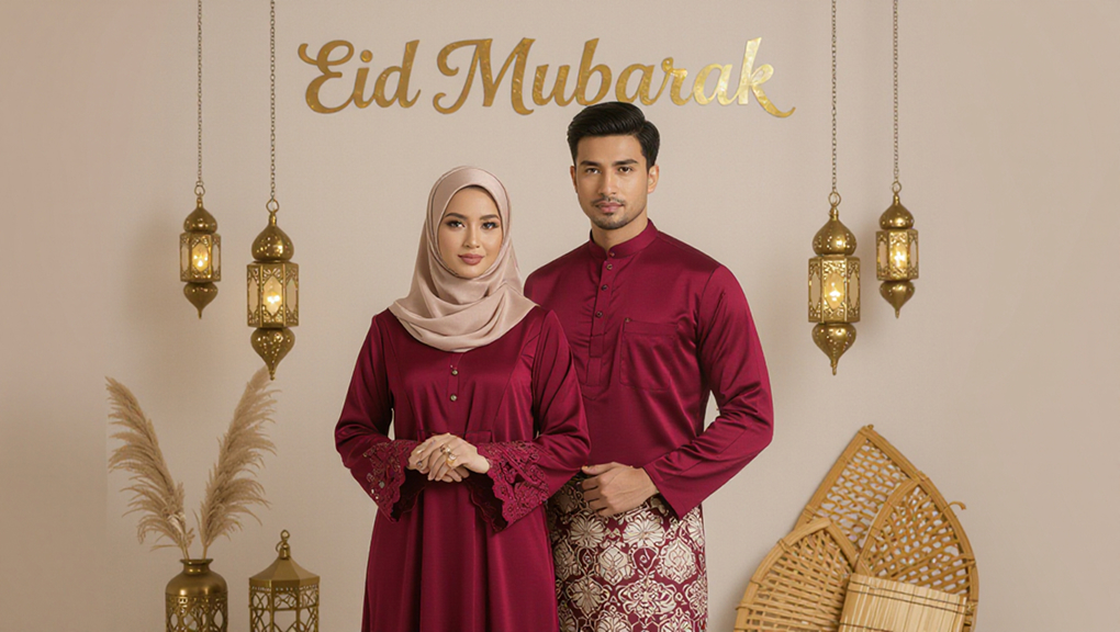Elegant Muslim couple in coordinated burgundy Eid outfits posing in luxury studio scene.