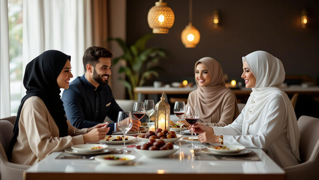 Muslim family sitting around modern Eid dinner table with desserts and lantern decor.