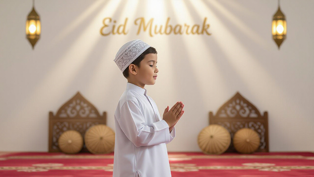 Young Muslim child praying inside mosque wearing white traditional outfit on Eid.