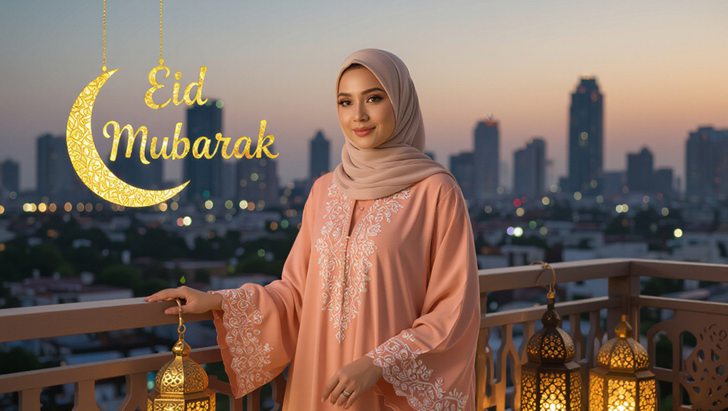 Woman in peach abaya standing on balcony at sunset with crescent moon Eid Mubarak background.