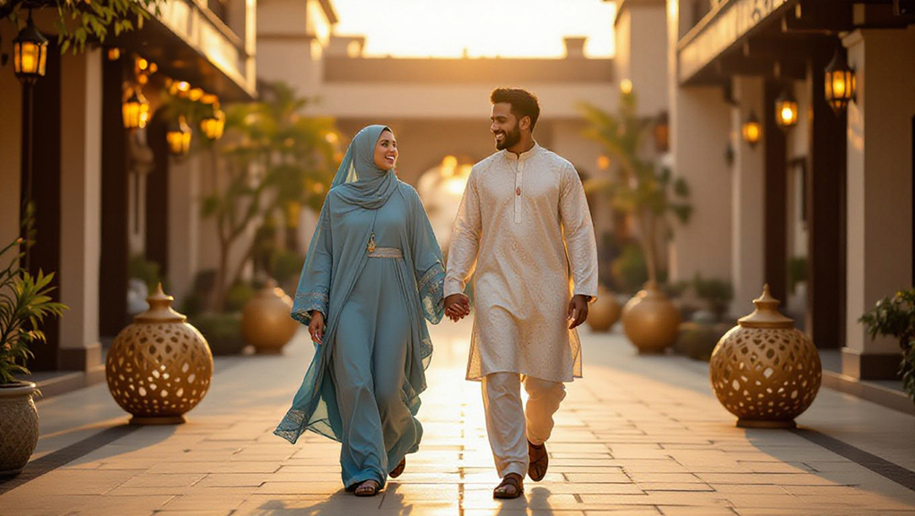 Muslim couple walking together in courtyard wearing traditional Eid outfits at sunset.