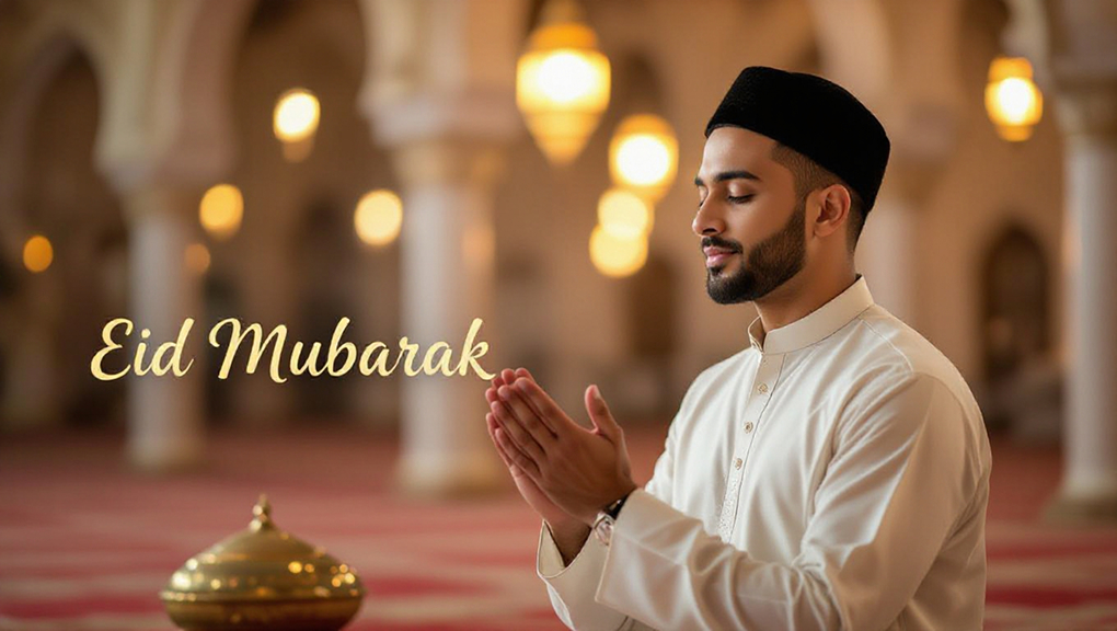 Muslim man in ivory kurta making du'a inside mosque with soft lantern lighting and Eid Mubarak text.