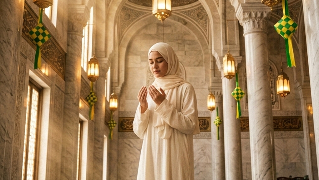 Muslim woman praying inside grand mosque wearing ivory prayer abaya during Eid.