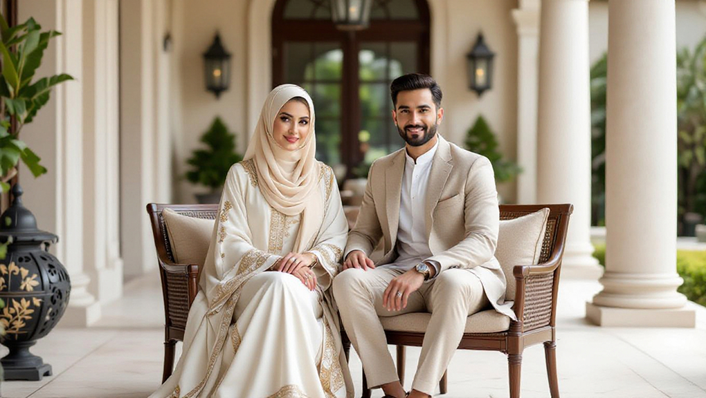 Sophisticated Muslim couple in old money style Eid outfits on garden terrace.