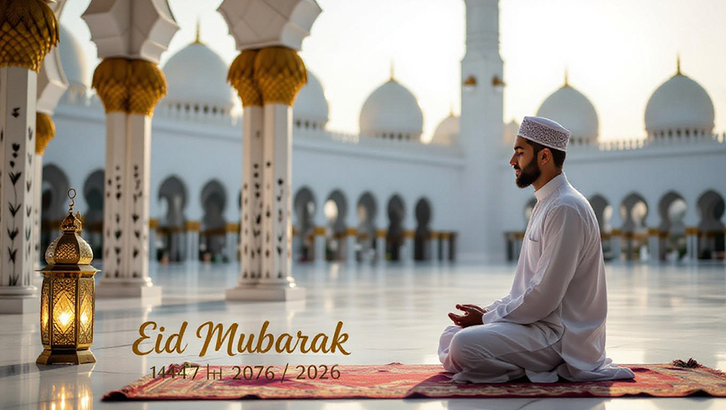 Muslim man praying in grand mosque courtyard wearing white kurta and traditional cap on Eid.