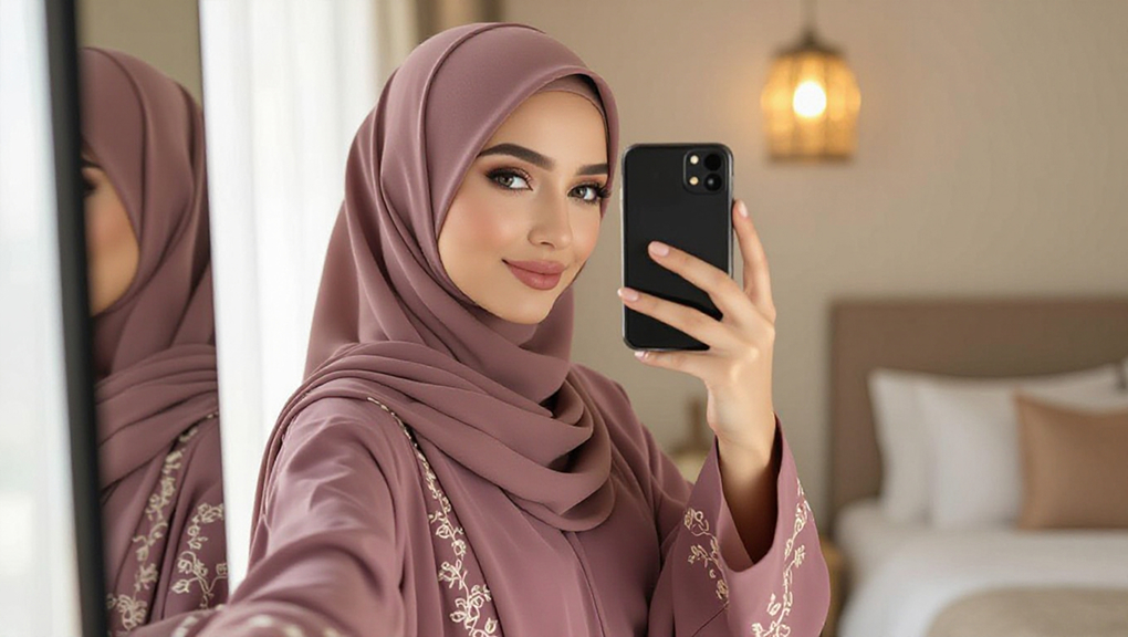 Muslim woman taking mirror selfie in dusty mauve abaya with Eid Mubarak background.