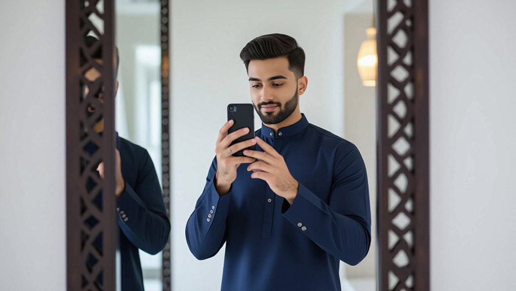 Young Muslim man taking mirror selfie in navy kurta outfit with Eid Mubarak festive background.