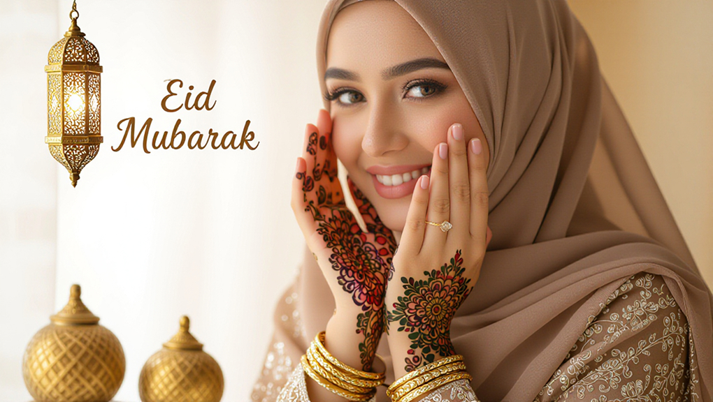 Close-up of Muslim woman hands with intricate mehendi and gold bangles for Eid Mubarak.