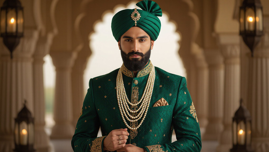 Modern royal nawab portrait of Muslim man in emerald sherwani with gold embroidery for Eid Mubarak.