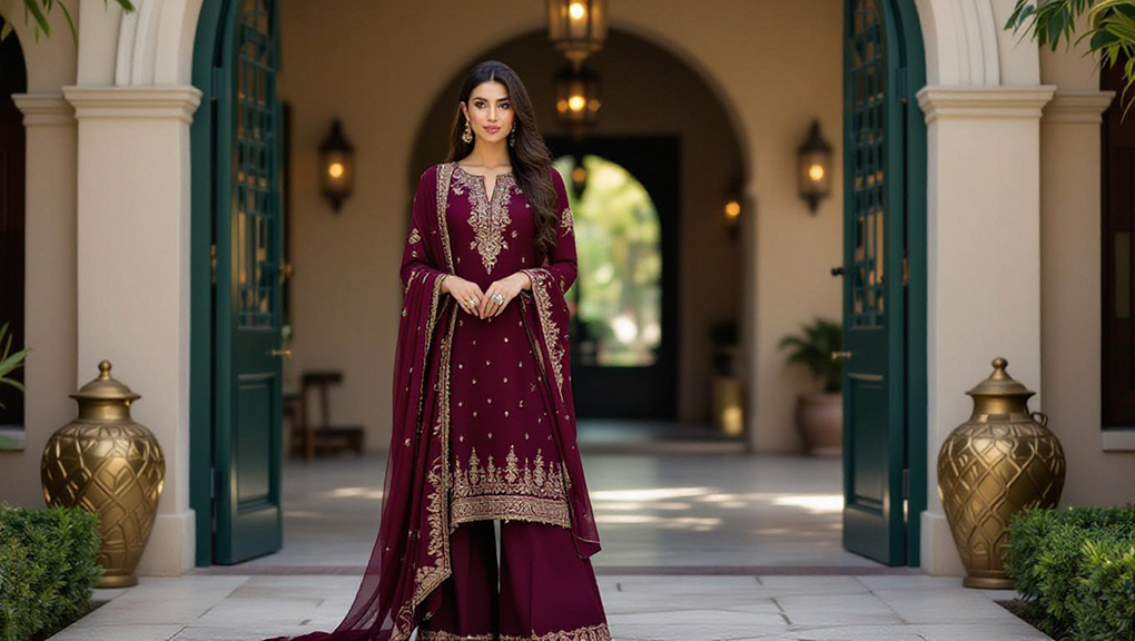 Woman wearing maroon Pakistani suit with gold embroidery in elegant courtyard Eid scene.